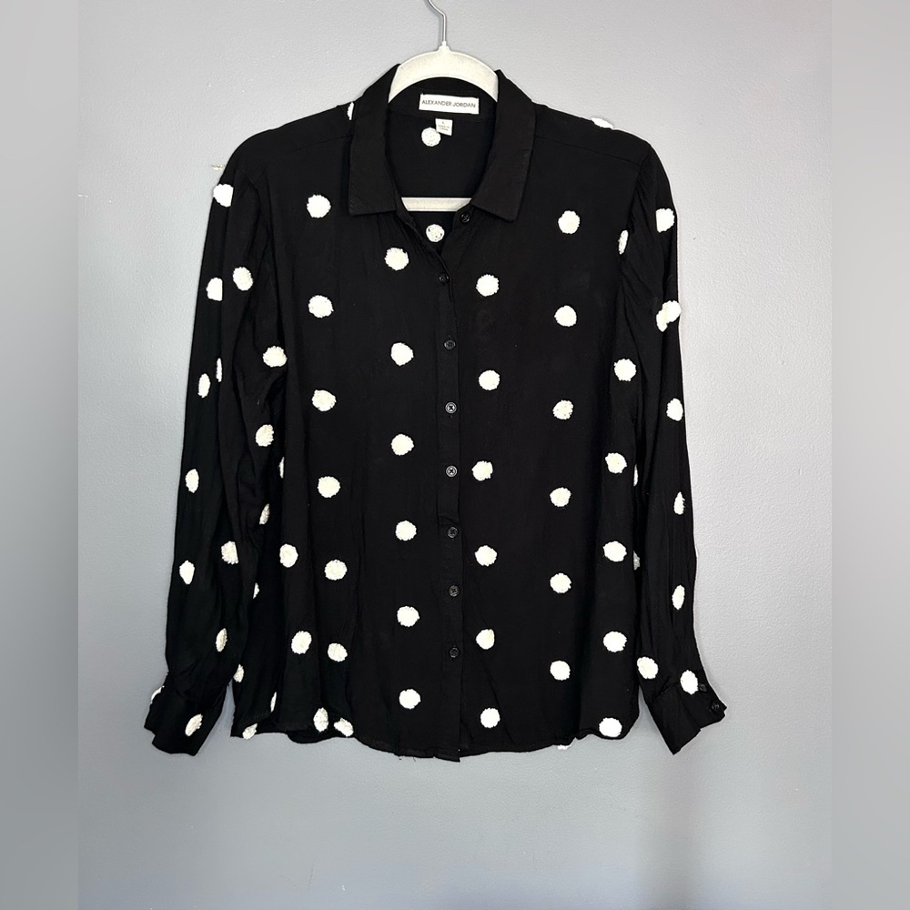 Alexander Jordan Shirt Women L Black Polka Dot 3D Textured Embroidered Button Up